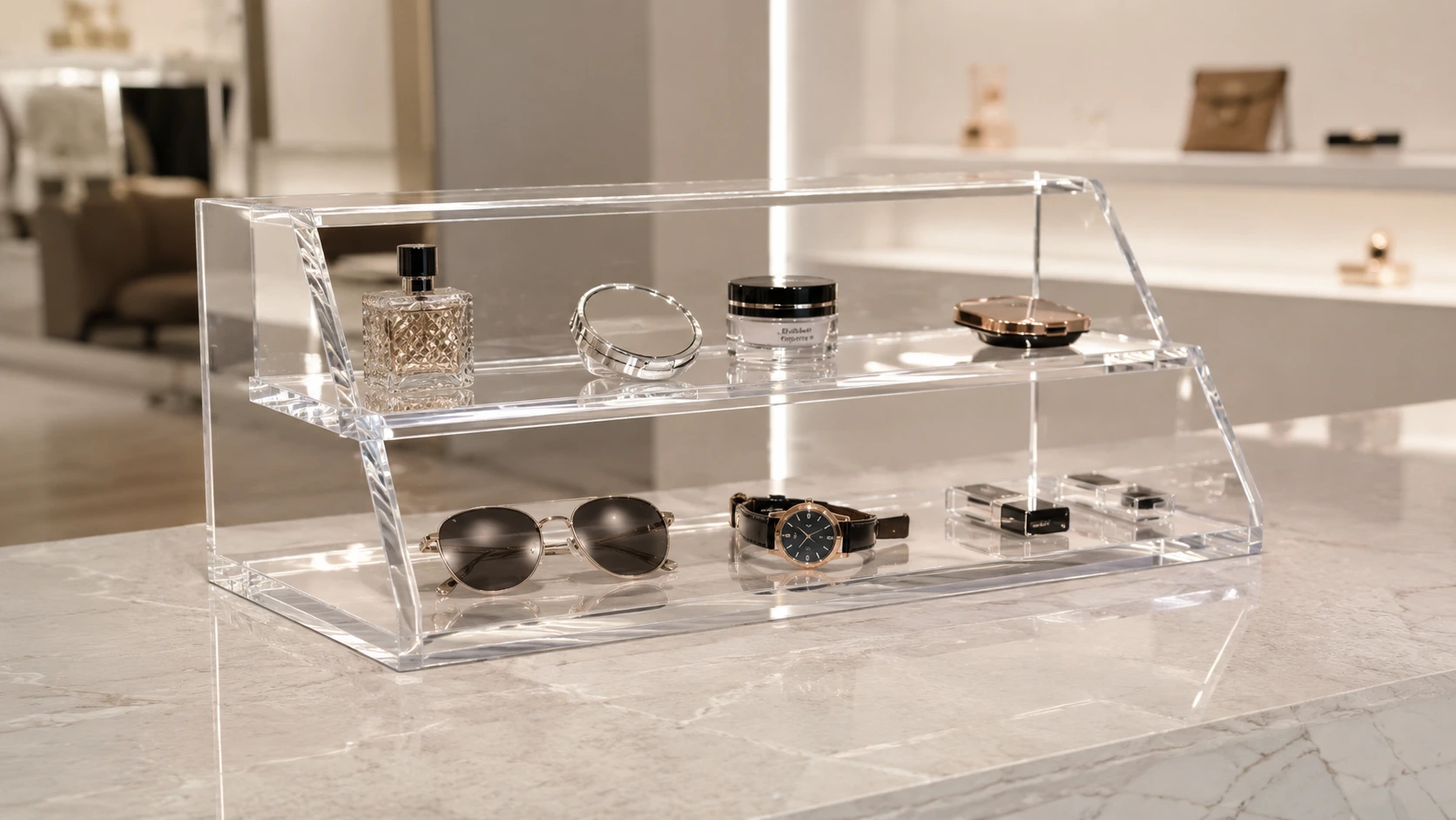 Displays e expositores em acrílico cristal para produtos e comunicação de ponto de venda.