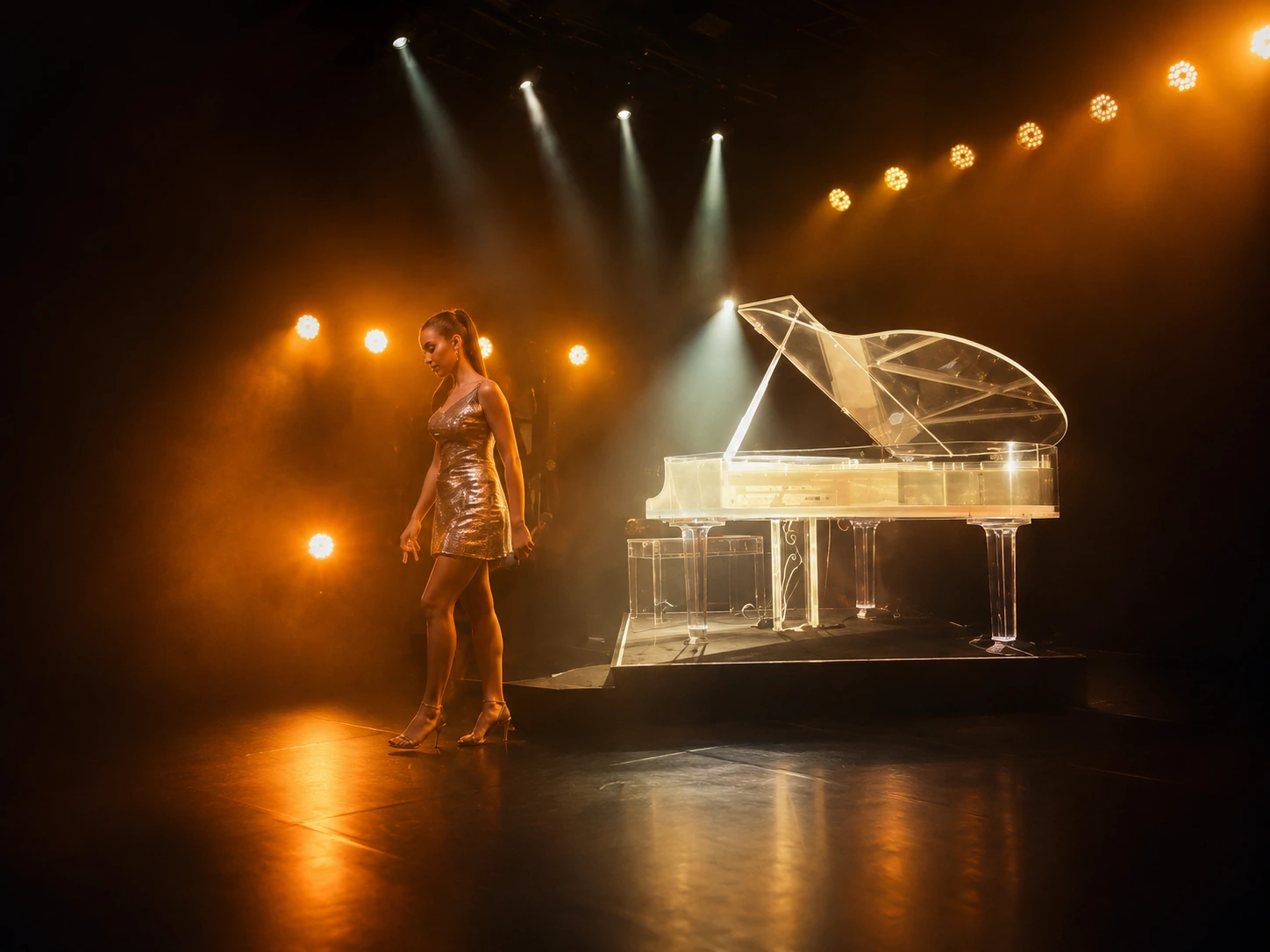 Piano transparente em acrílico cristal em evento.